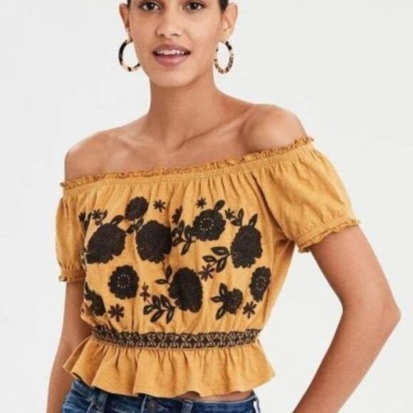 American Eagle Off The Shoulder Boho Printed Bardot Yellow Top 5 FOR $25 💵 💲 - Picture 1 of 10